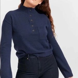 Everlane The Recashmere Navy Button Mock Neck Pocket Front Sweater Wool Cashmere